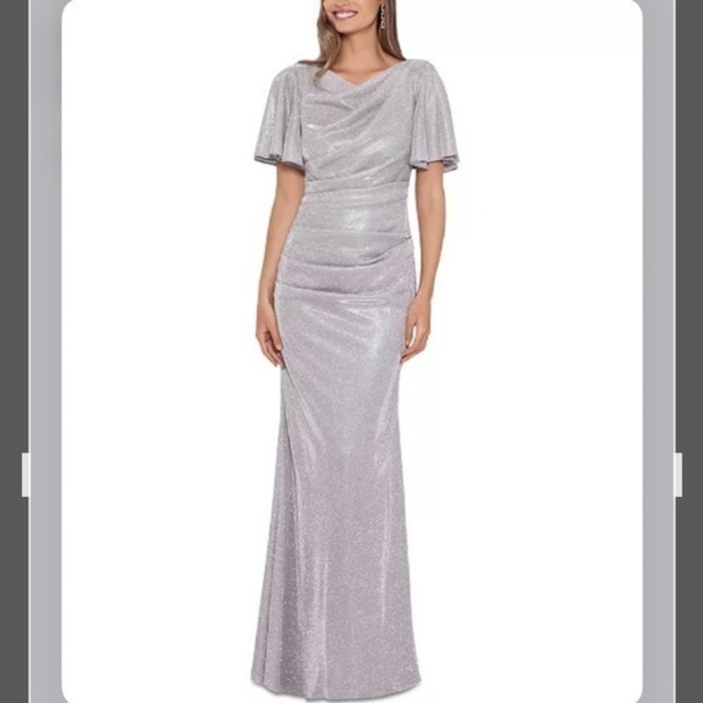 Betsy & Adam Flutter Short Sleeve Cowl Neck Glitter Knit Gown in Taupe/Silver - Picture 1 of 3